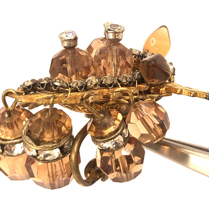 Mid Century Copper Tone Rhinestone Statement Dangle Clip On Stud Earrings