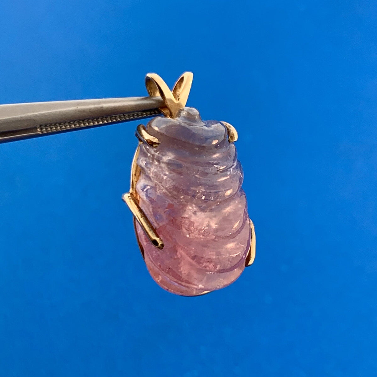 Artisan 14K Yellow Gold Carved Pink Tourmaline Self Love Chakra Amulet Pendant