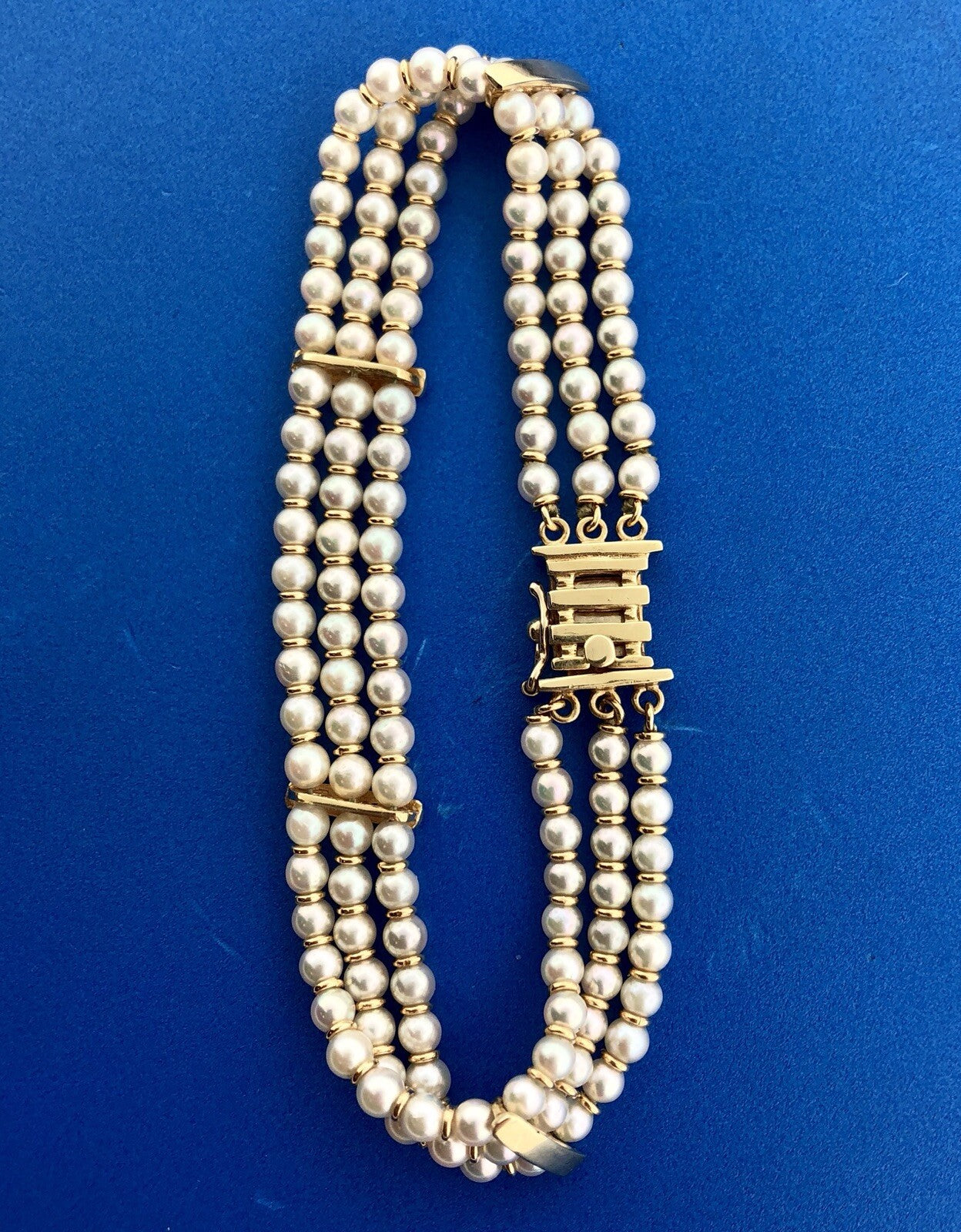 Vintage 14K Yellow Gold Cultured Pearl 3 Strand Bridal June Anniversary Bracelet