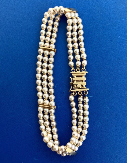 Vintage 14K Yellow Gold Cultured Pearl 3 Strand Bridal June Anniversary Bracelet