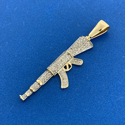 14K Yellow Gold Pave Diamond Rifle Machine Gun Firearm Statement Pendant