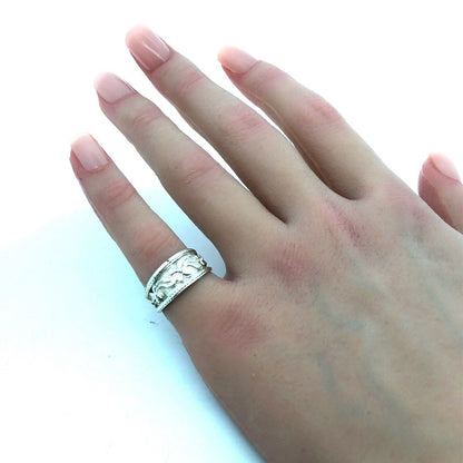 Designer 925 Sterling Silver Floral Detailed Stackable Tapered Wide Band Ring