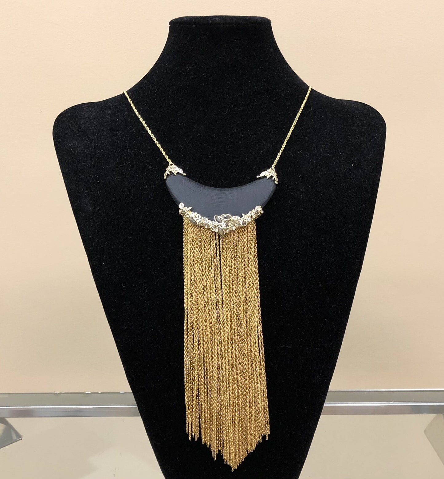 Alexis Bittar Swarovski Crystal Black Resin Gold Chain Statement Necklace Box