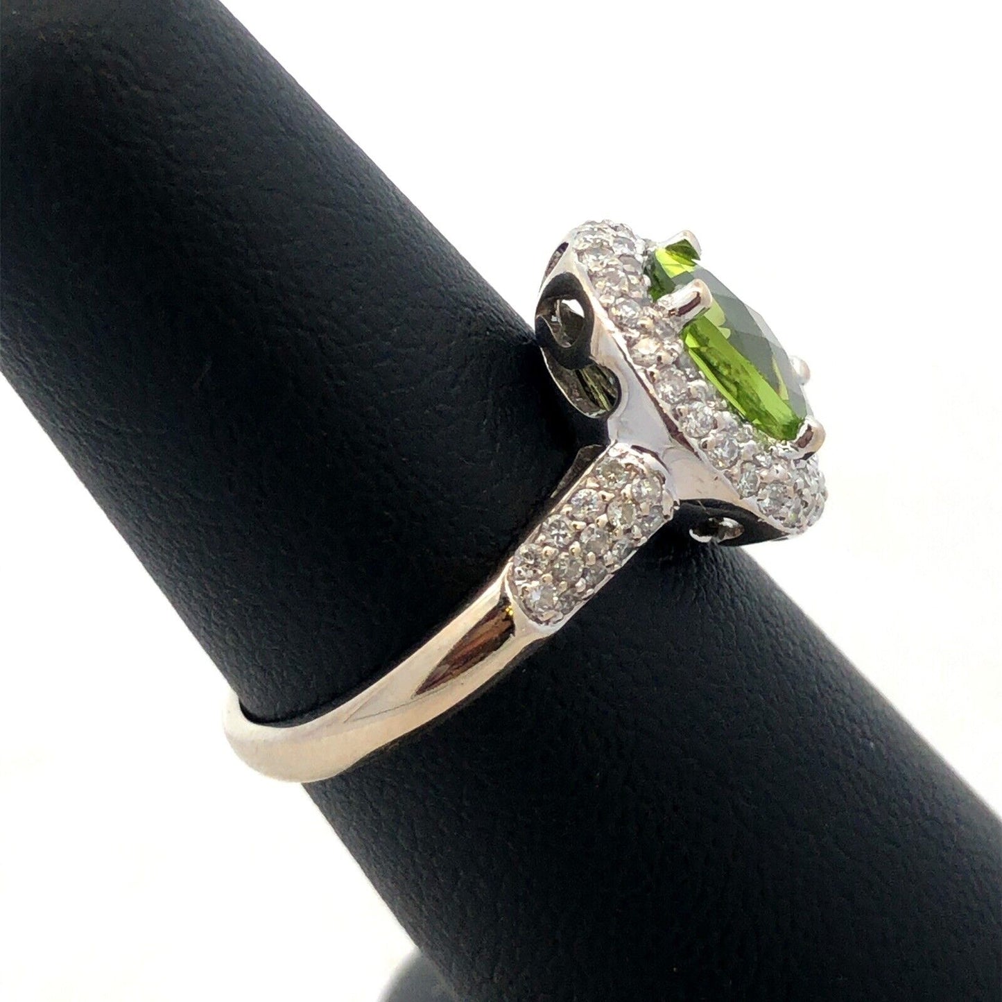 Designer EMA 14K White Gold Oval Cushion Cut Peridot Diamond Halo Cocktail Ring