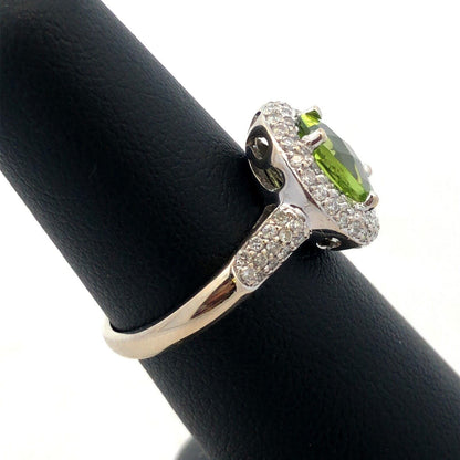 Designer EMA 14K White Gold Oval Cushion Cut Peridot Diamond Halo Cocktail Ring