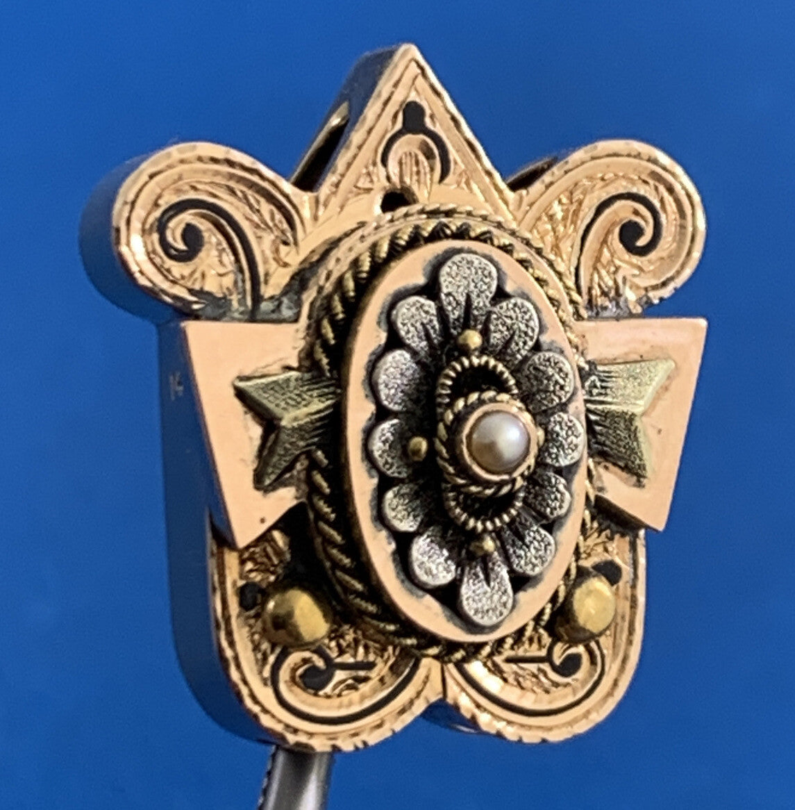 Vintage 14K Yellow Gold Seed Pearl Black Enamel Statement Slide Bracelet Charm