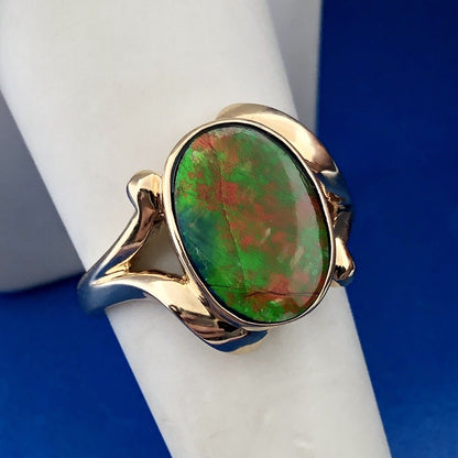 Modernist 14K Yellow Gold Orange Green Opal Oval Doublet Cocktail Ring