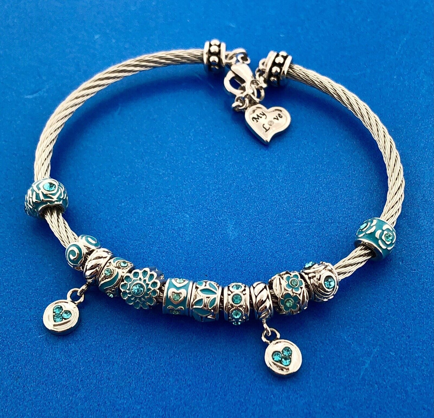 Aqua CZ Enamel Twisted Wire 10 Charm My Granddaughter My Love Charm Bracelet