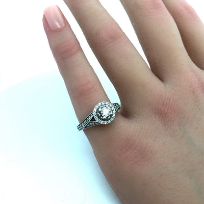 ZEI 14K White Gold Diamond Solitaire W/Halo Engagement Bridal Wedding Ring