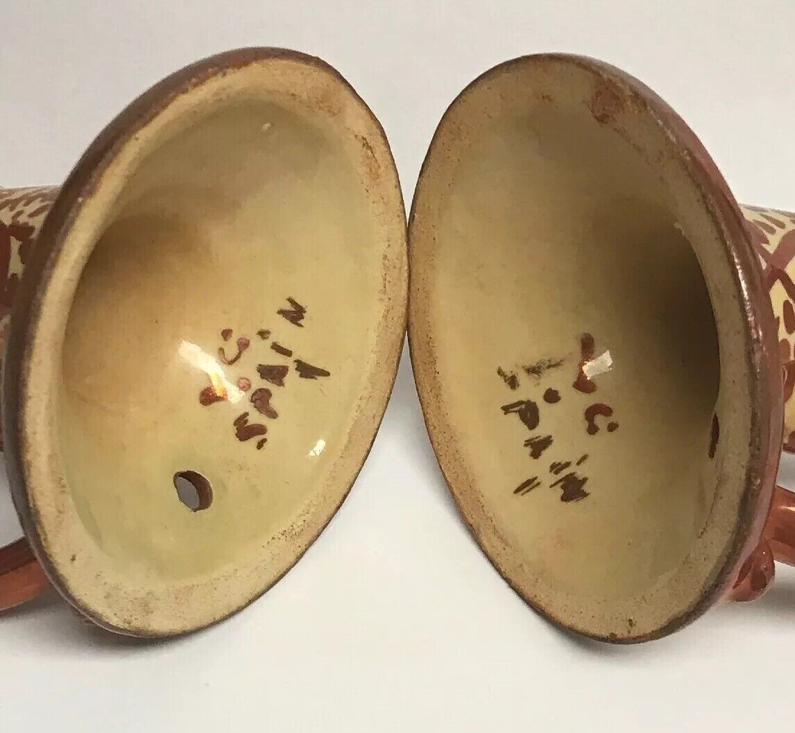 Spain Signed VC Pair Copper Metallic Glazed Hand Painted Handled Candle Holders