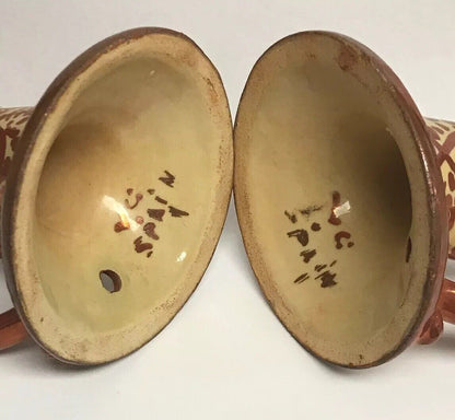 Spain Signed VC Pair Copper Metallic Glazed Hand Painted Handled Candle Holders