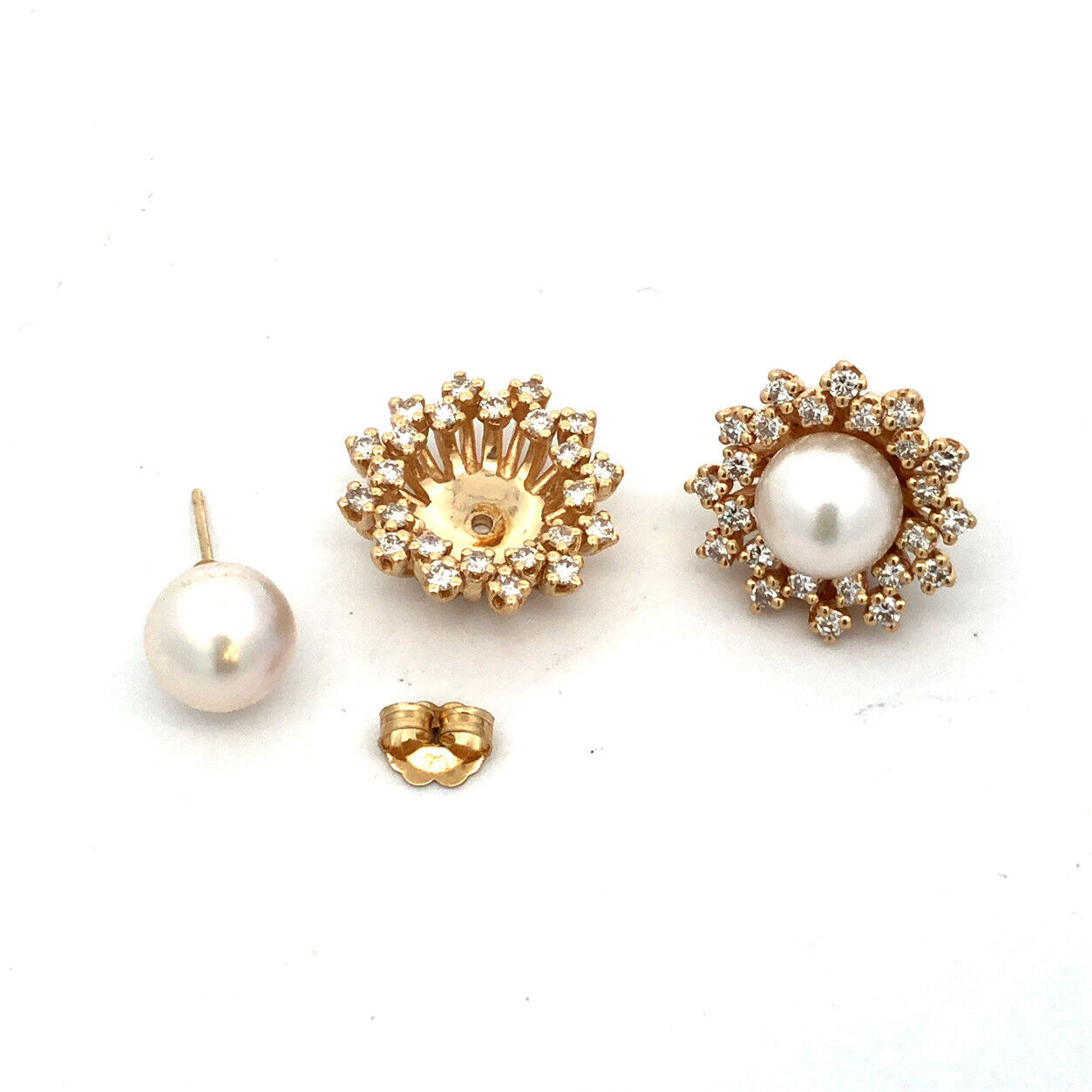 Designer 14K Yellow Gold Round Pearl Stud With Diamond Halo Earring Jackets