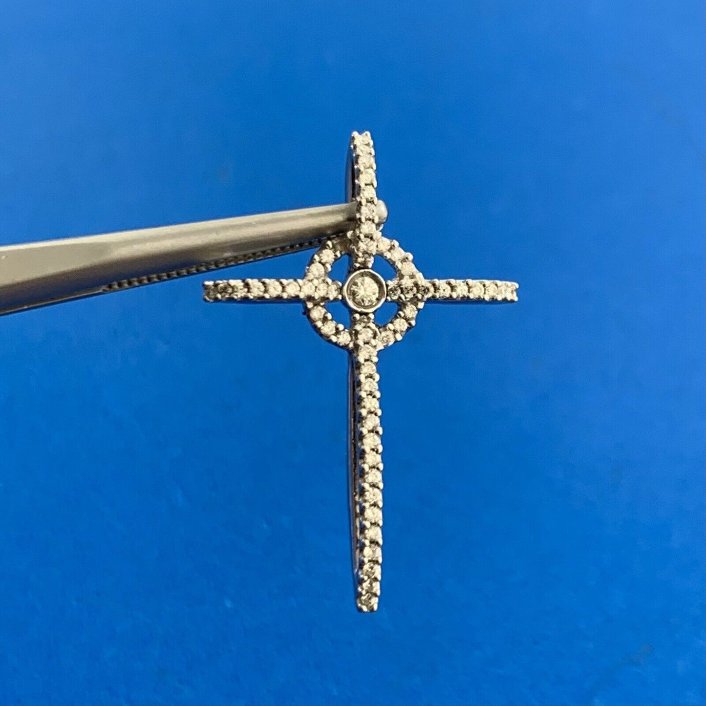Designer 14K White Gold Pave Diamond Modernist Religious Cross Pendant