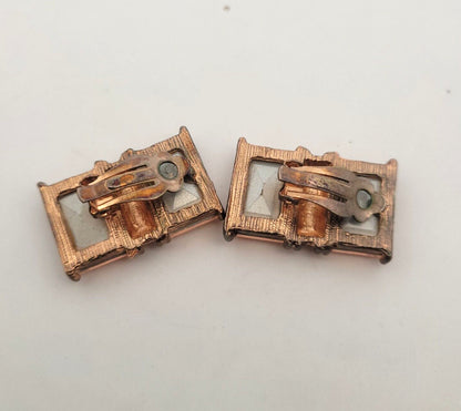 Vintage Copper Bronze Tone Pink & White Rhinestone Statement Clip On Earrings