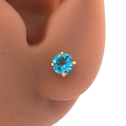 14K Yellow Gold Round Blue Topaz Solitaire December Occasion Screw Back Earrings