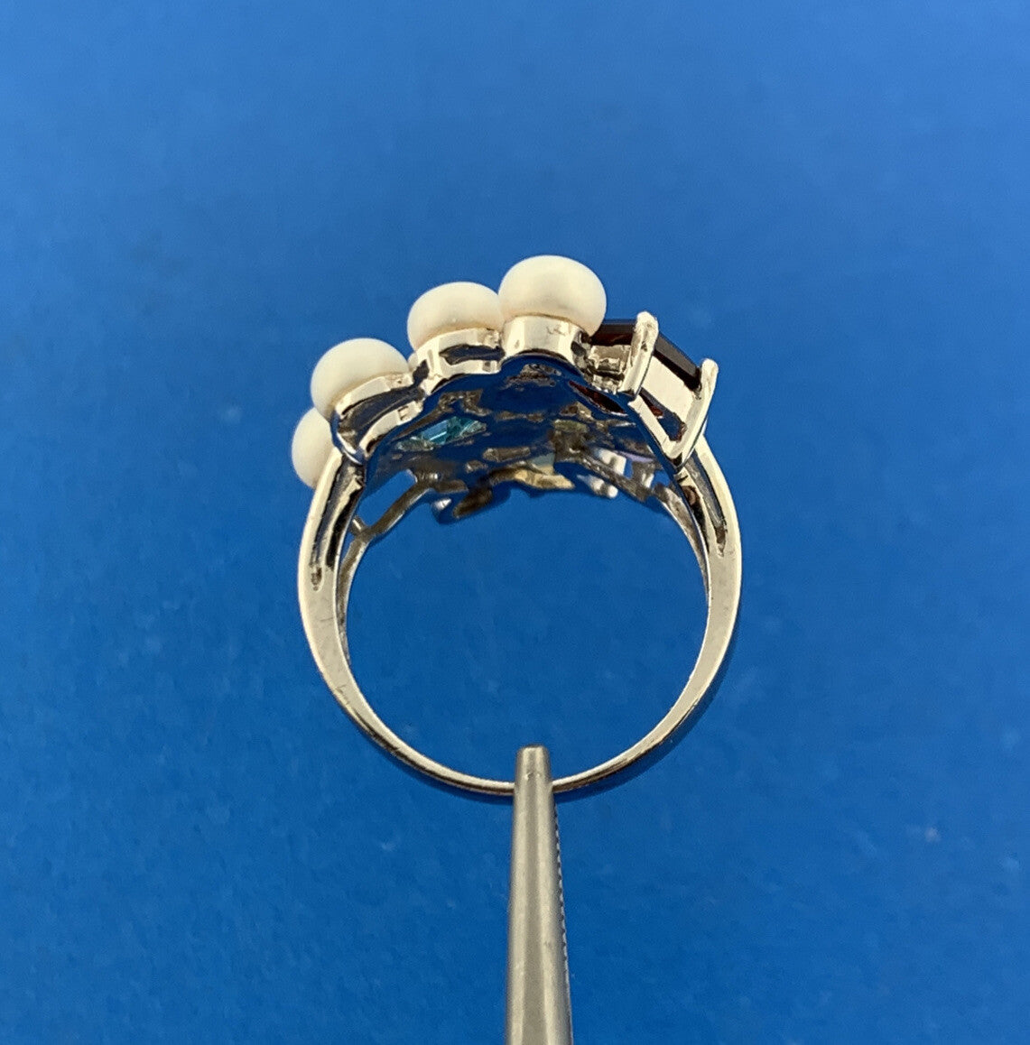 Designer Sterling Silver Mixed Gemstone Pearl Statement Modernist Cocktail Ring