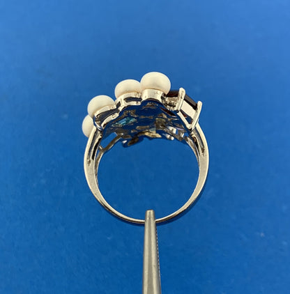 Designer Sterling Silver Mixed Gemstone Pearl Statement Modernist Cocktail Ring