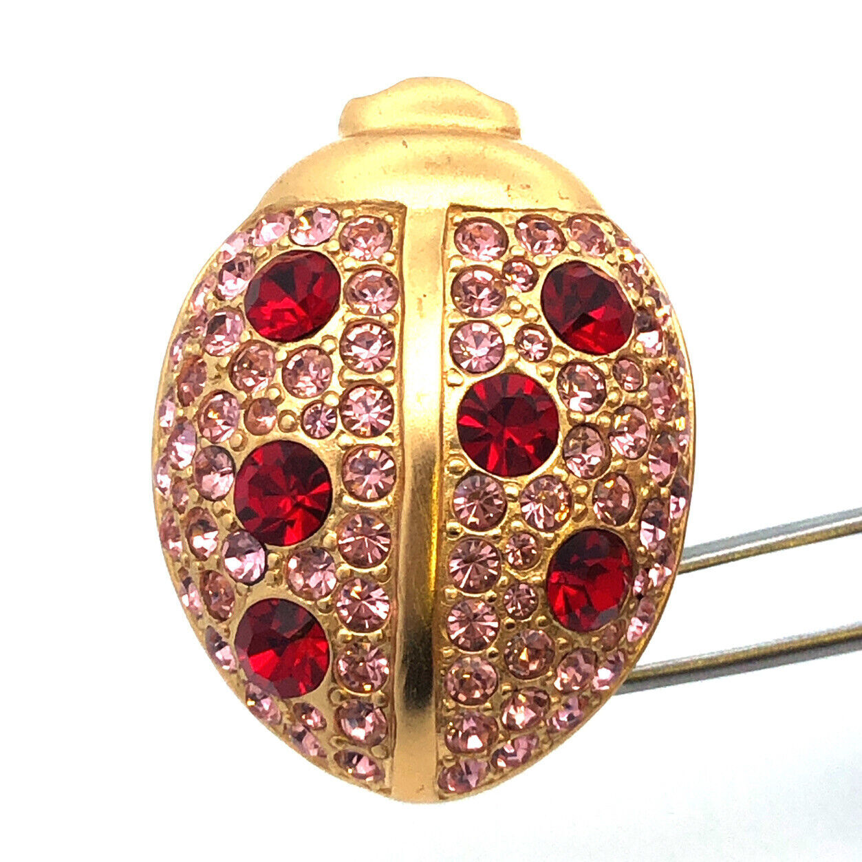 Givenchy Gold Tone Red Pink Rhinestone Beetle Lady Bug Scarab Brooch