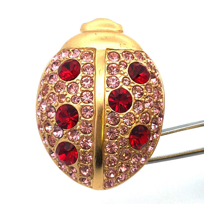 Givenchy Gold Tone Red Pink Rhinestone Beetle Lady Bug Scarab Brooch