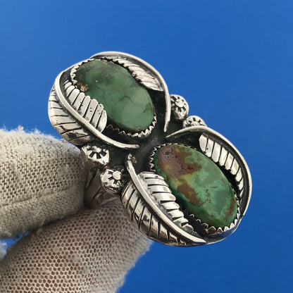 Native American R Smith 925 Sterling Silver Green Turquoise Squash Blossom Ring