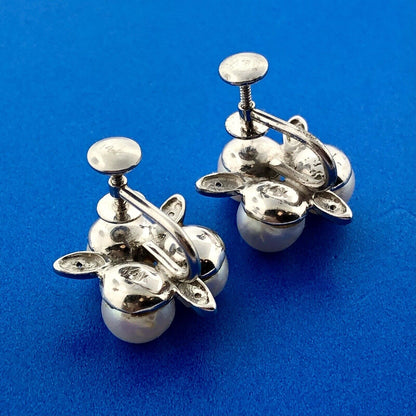 Mid Century Glamorous 14K White Gold Pearl Diamond Bridal Screw Clip Earrings