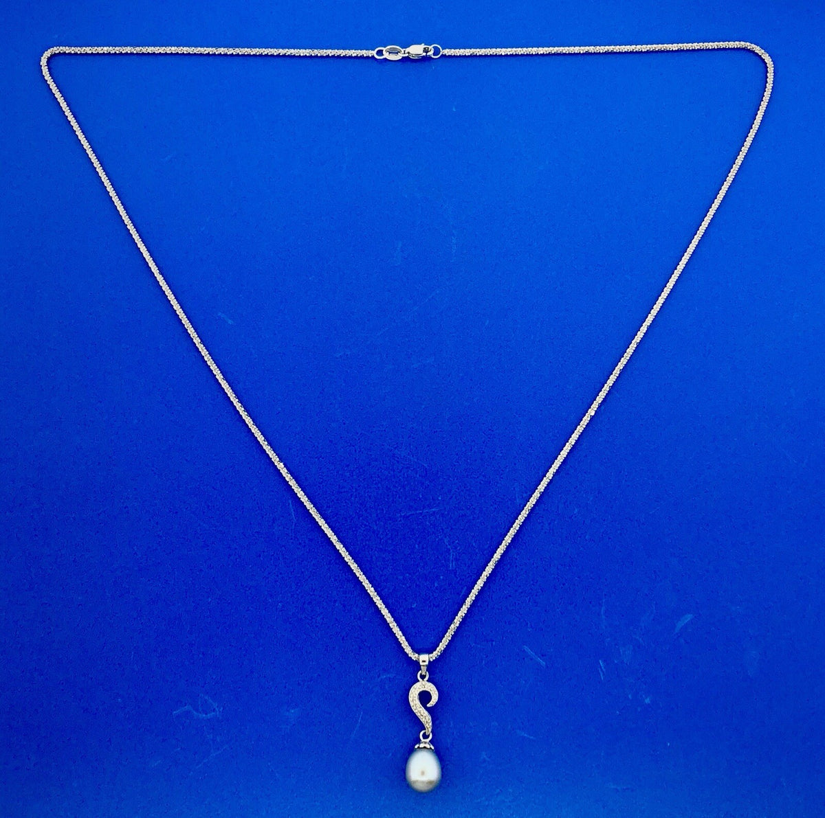 Retro 14K White Gold Gray Pearl Diamond Wedding Anniversary Sweetheart Necklace