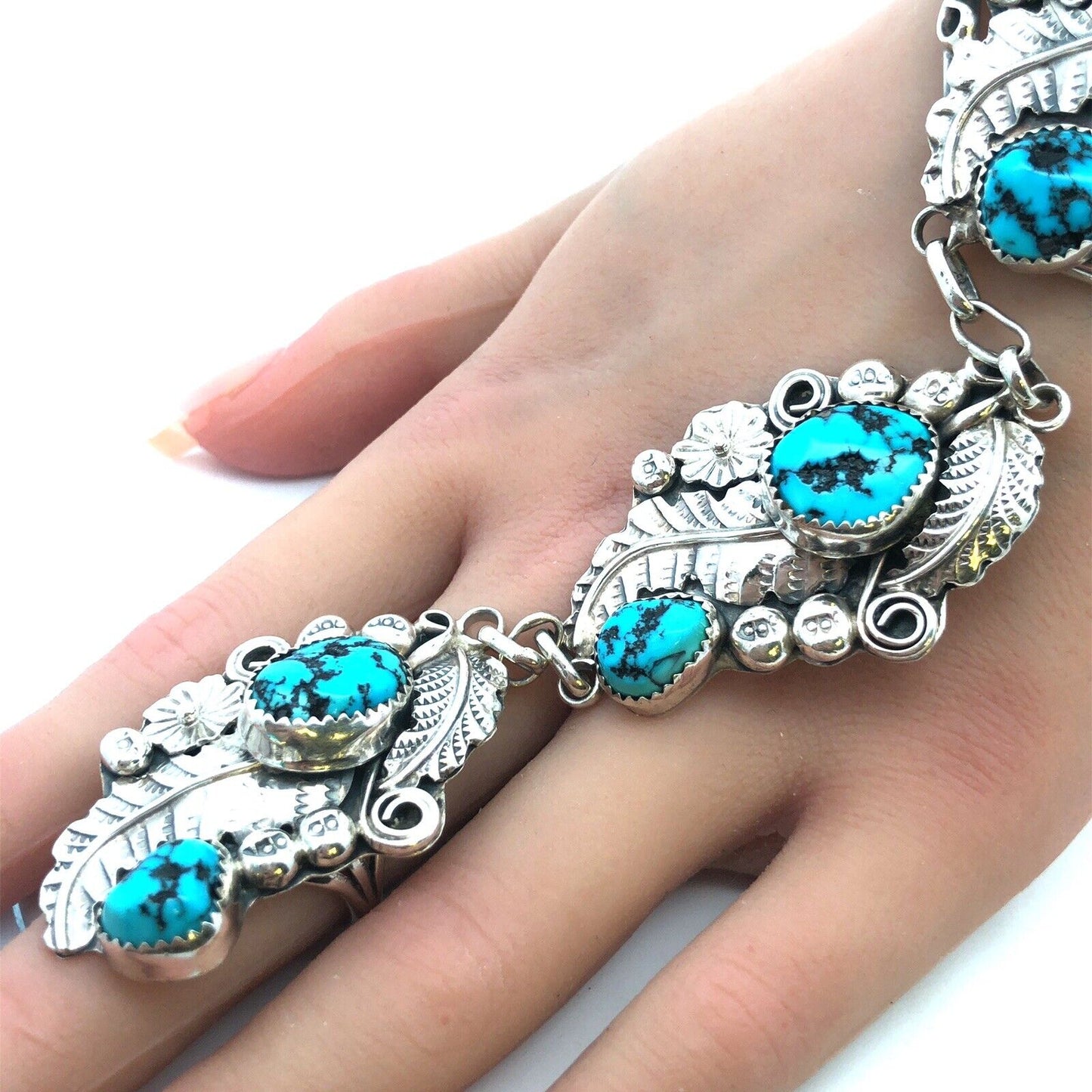 Harry B Yazzie Navajo Sterling Silver Turquoise Squash Blossom Slave Bracelet