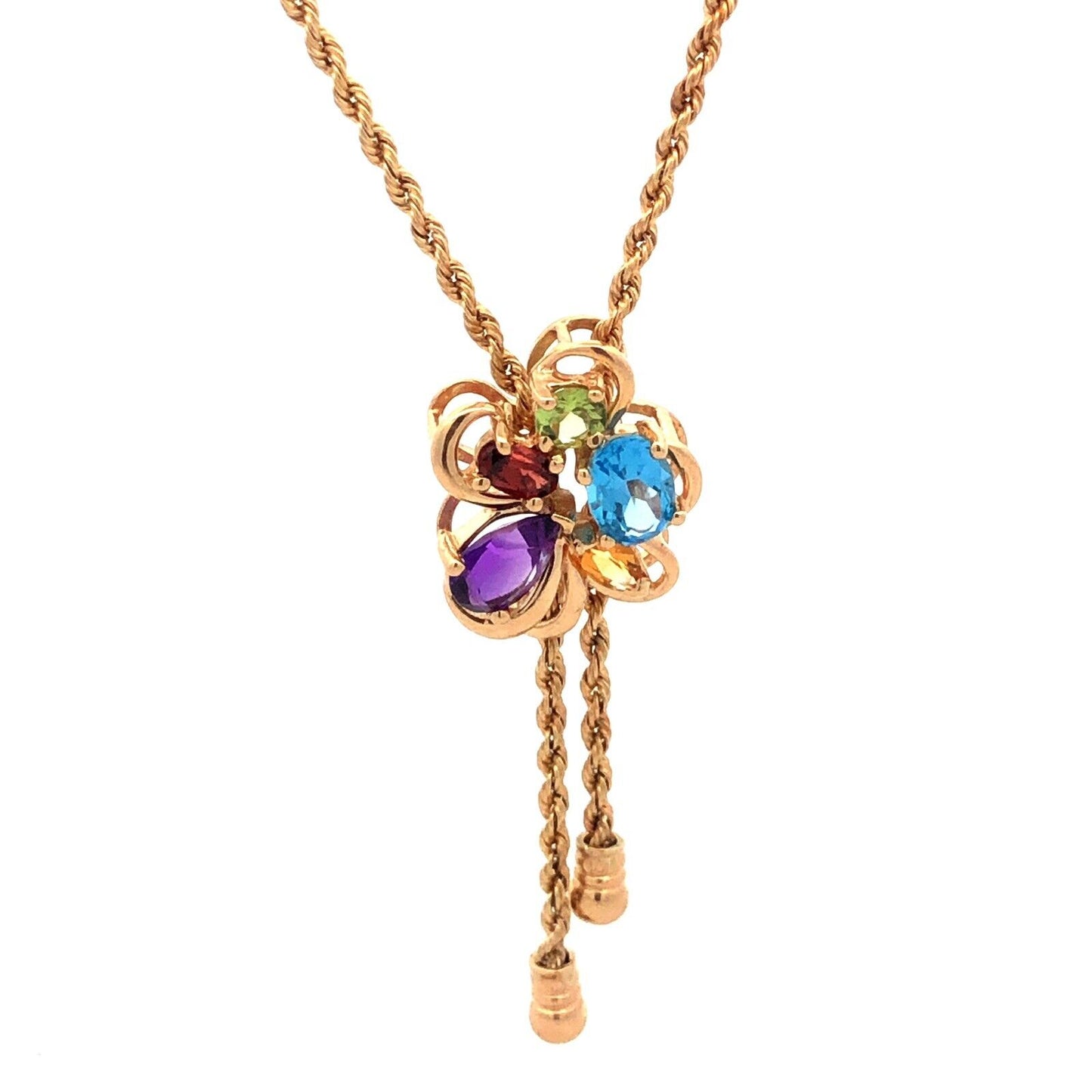 Vintage 14K Yellow Gold Multi Gemstone Flower Cluster Lariat Style Y Necklace