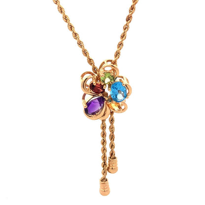 Vintage 14K Yellow Gold Multi Gemstone Flower Cluster Lariat Style Y Necklace