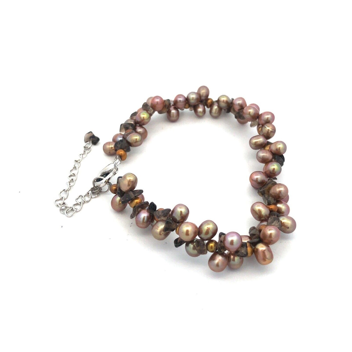 Designer 925 Sterling Silver Bronze Pearl Smoky Topaz Cluster Statement Bracelet