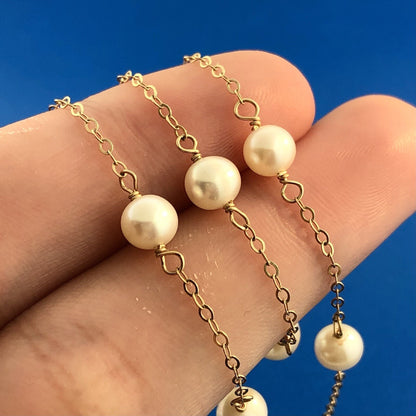 Gorgeous 14k Yellow Gold 6 mm White Pearl Thin Oval Link 16" Chain Necklace