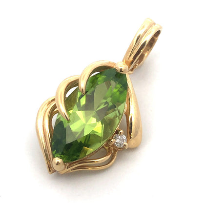 Vintage 14K Yellow Gold Marquise Peridot Round Diamond Accent Modernist Pendant