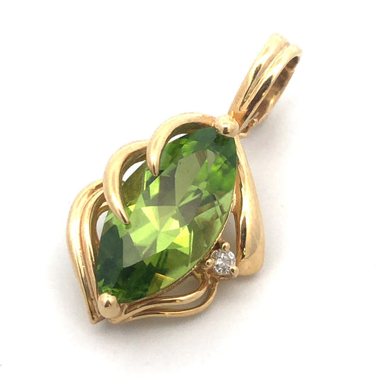 Vintage 14K Yellow Gold Marquise Peridot Round Diamond Accent Modernist Pendant