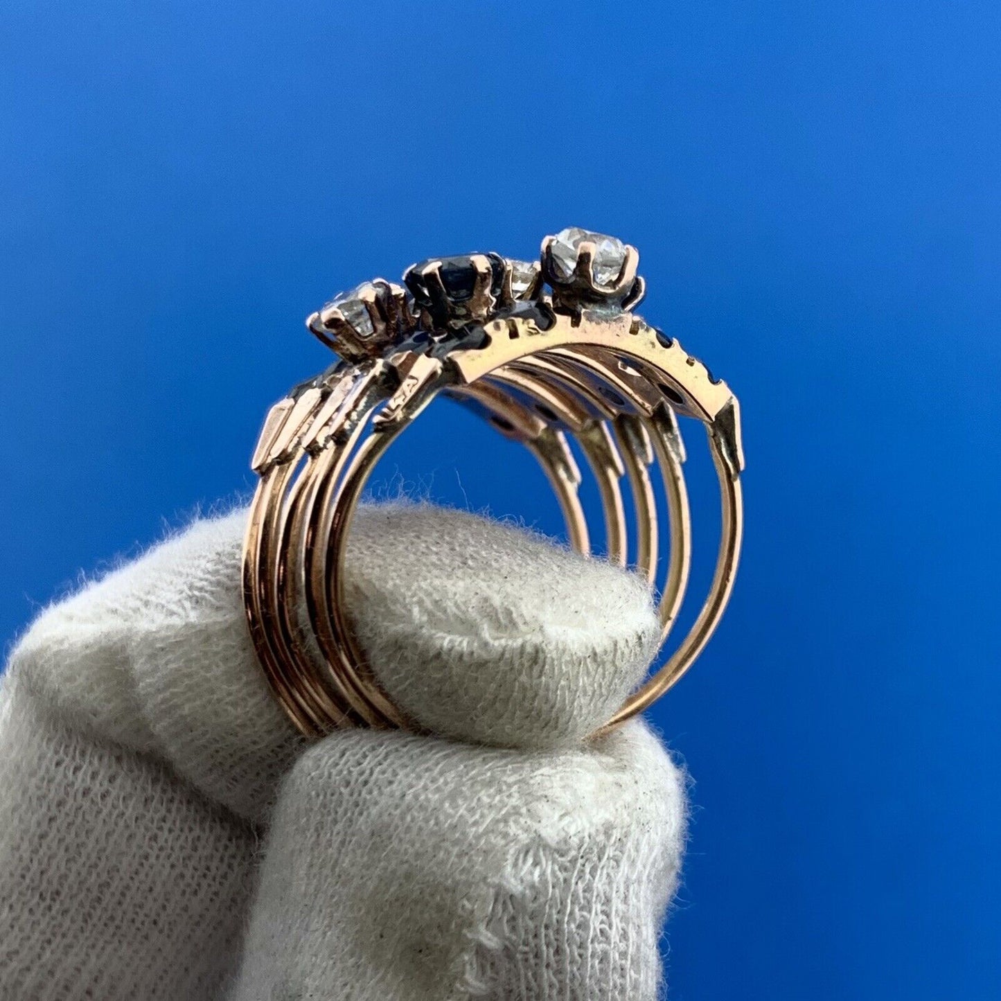 Estate 14K Rose Gold Sapphire Diamond Cluster September Occasion Wide Harem Ring