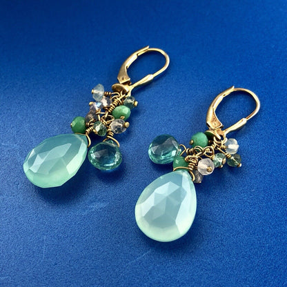 India Sterling Silver Vermeil Green Blue Opalescent Beads Drop Dangle Earrings