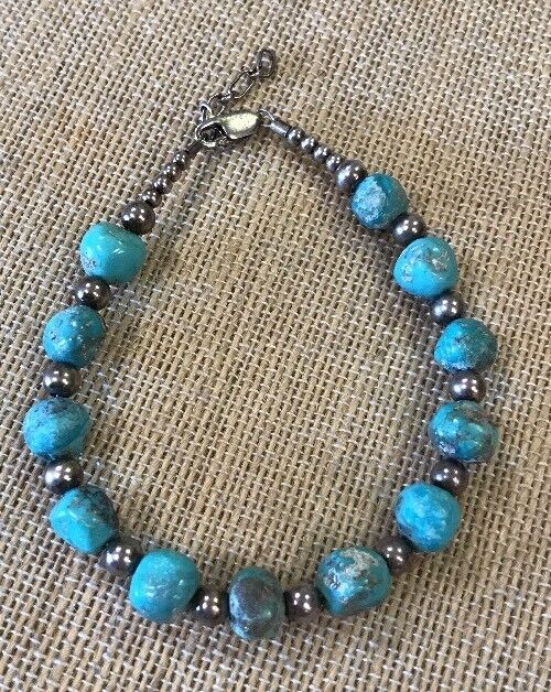 Vintage Artisan Sterling Silver 925 Natural Turquoise Bead Bracelet
