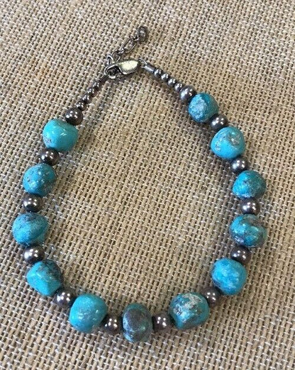 Vintage Artisan Sterling Silver 925 Natural Turquoise Bead Bracelet