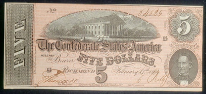1864 $5 Richmond, VA Confederate States of America Rare Obsolete Bank Note