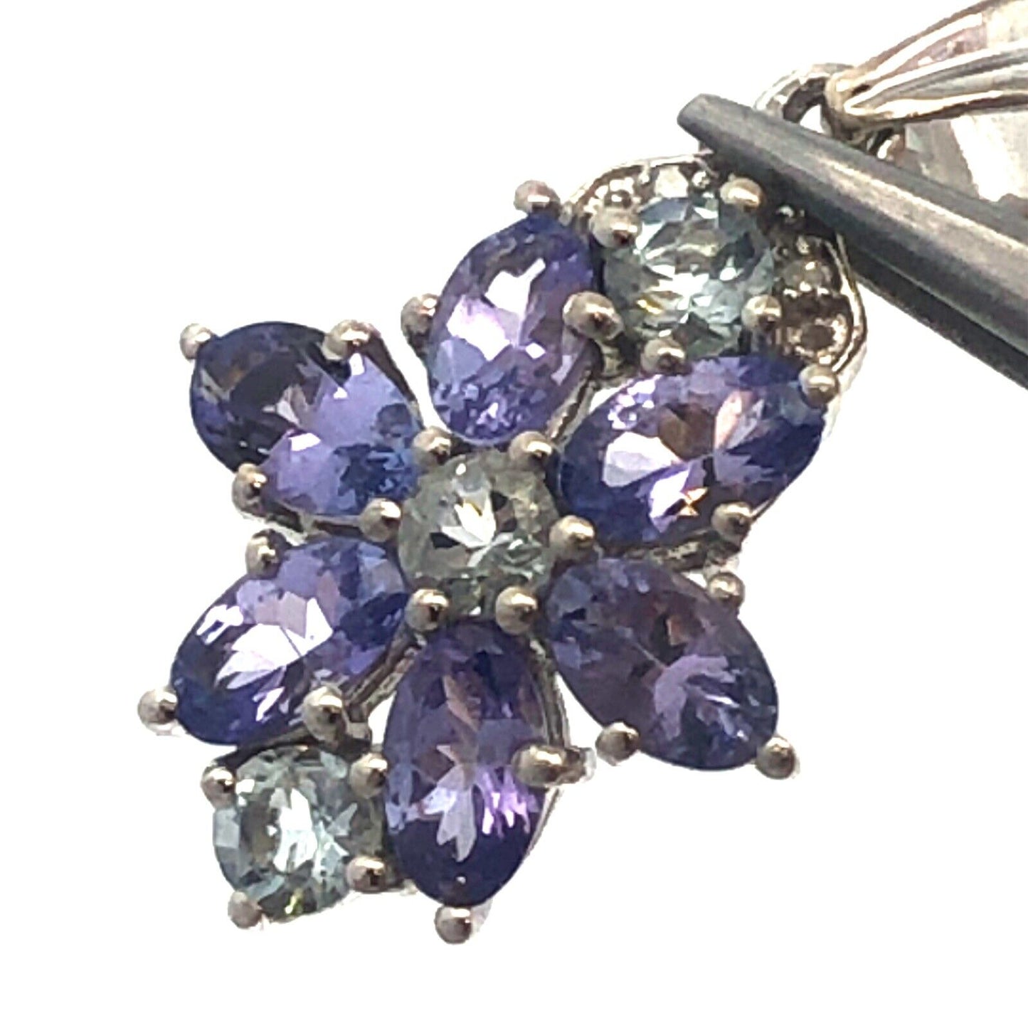 TGGC 925 Sterling Silver Oval Tanzanite Blue Tourmaline Diamond Flower Pendant
