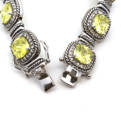 Designer 925 Sterling Silver Princess Green CZ Round White CZ Tennis Bracelet