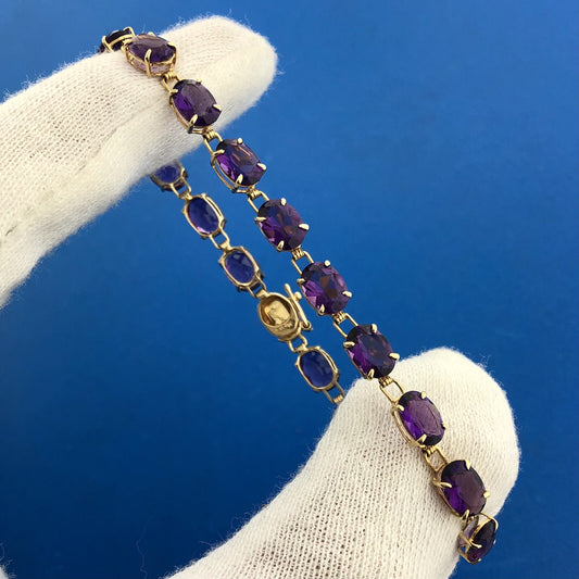 Designer 14K Yellow Gold Oval Amethyst February Statement Tennis Bracelet