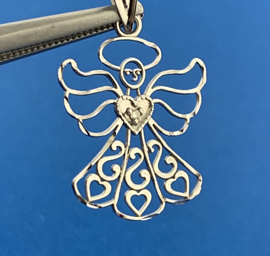 Michael Anthony MA 14K White Gold Diamond Heart Scroll Guardian Angel Pendant