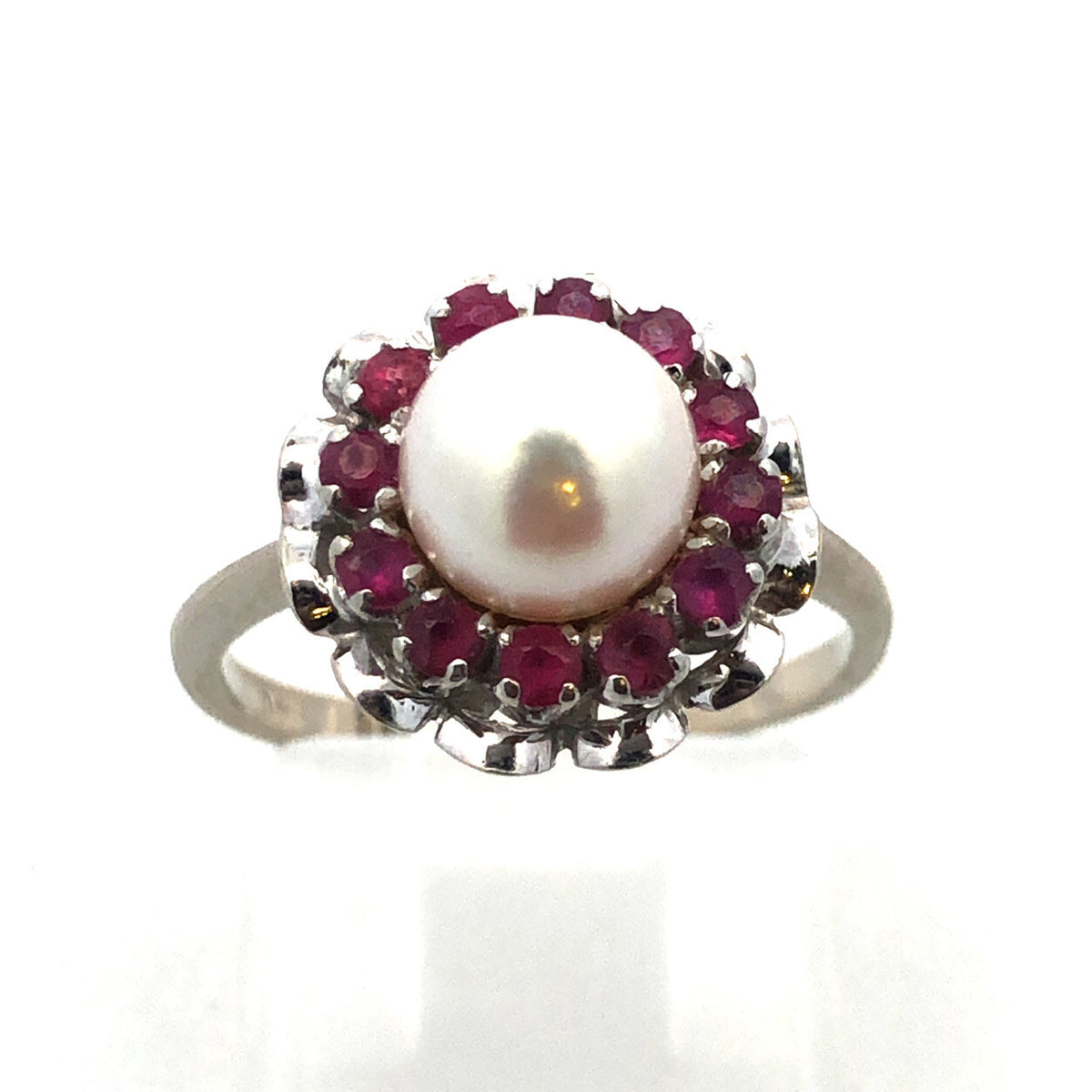 Gorgeous 14k White Gold Floral Round Cut Ruby Halo Pearl Ring SIze 4.25