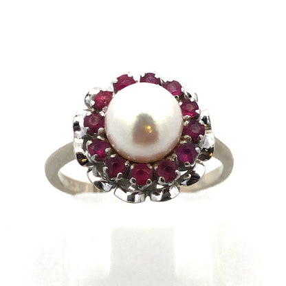 Gorgeous 14k White Gold Floral Round Cut Ruby Halo Pearl Ring SIze 4.25