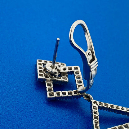 Statement Modernist 18k White Gold Geometric Diamond Linked Square Drop Earrings