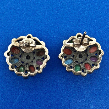 Vintage Sterling Silver 925 Multi Gem Floral Pinwheel Statement Stud Earrings