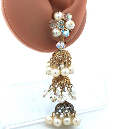 Vintage Gold Tone Faux Pearl Crystal Bead Statement Chandelier Clip On Earrings