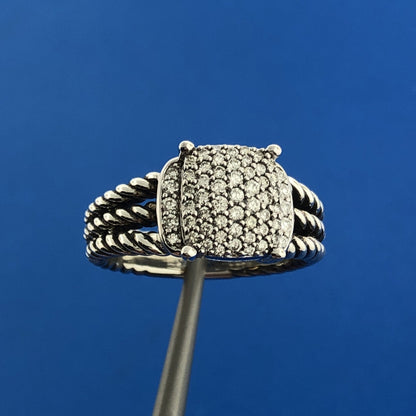 David Yurman 925 Sterling Silver Pave Diamond Petite Wheaton Classic Cable Ring
