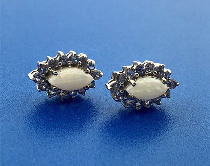Designer 14K White Gold Marquise Opal Tanzanite Halo October Stud Earrings