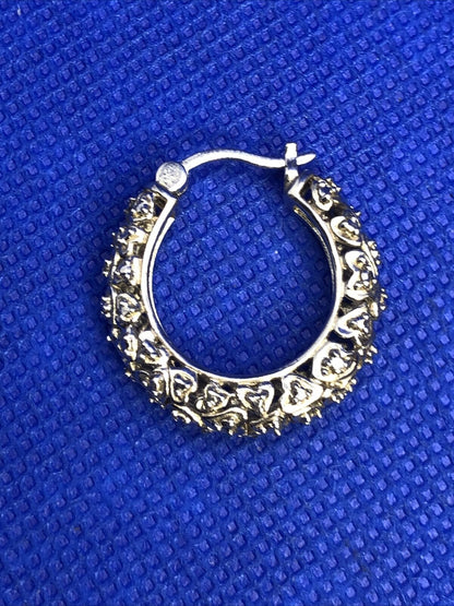 Designer 925 Sterling Silver Textured Heart Detail Snap Round Hoop Earrings